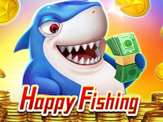Happy Fishing fish shooting game artwork by JILI, showing a cartoon shark holding banknotes
