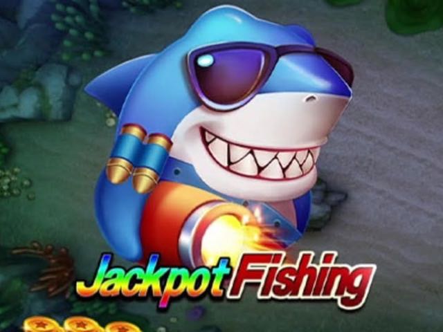 Jackpot Fishing fish shooting game artwork by JILI, showing a shark riding a torpedo cannon